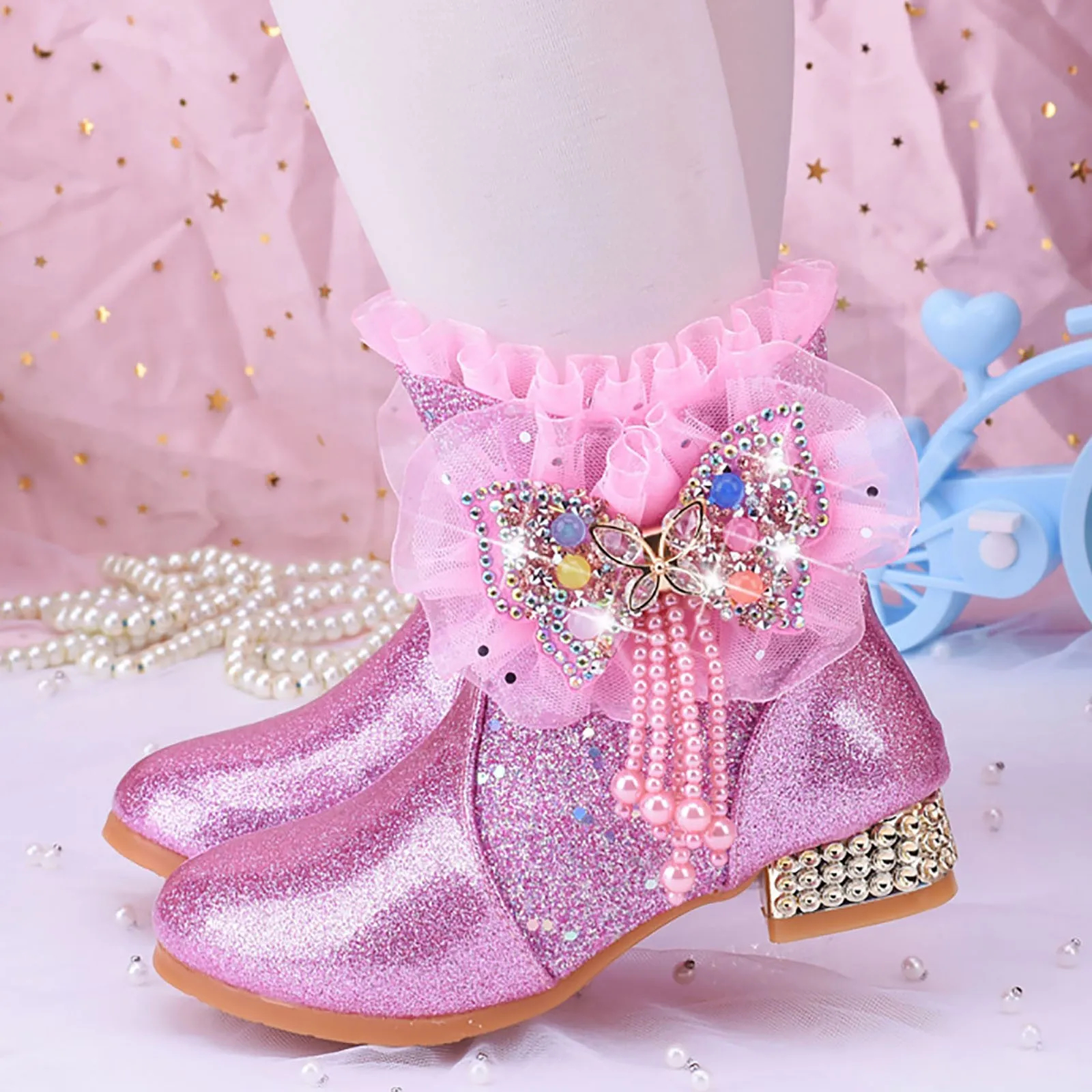 Girls Princess Boots Autumn Winter Sequins Butterfly Beading Tassel Sweet Boots Children\'s Flat Leather Shoes 2024 New Booties