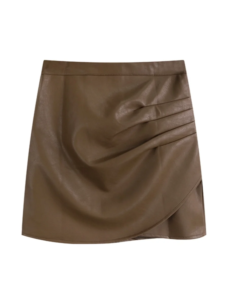 تنورة نسائية من الجلد Bla بخصر عالٍ على شكل حرف a تنورة غير متناظرة للتنقل العصري بسحاب كيت بتصميم مطوي