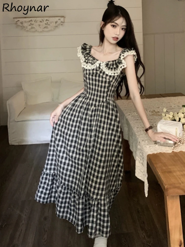 Vintage Midi Dress Black Plaid Peter Pan Collar Bodycone Korean Fashion High Waist Summer Clothes Gentle A-line Temper Vestidos