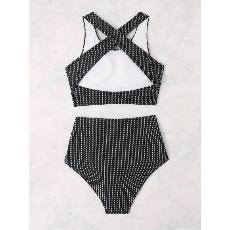 Maiô conservador de duas peças para mulheres, roupa de banho tankini xadrez, novo maiô de duas peças sem costas