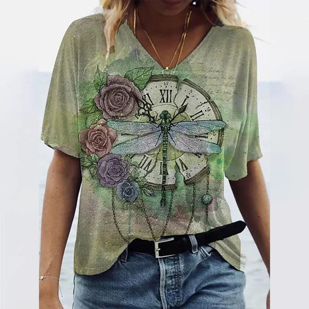 

Summer Refreshing Color Women's T-Shirt Fashion Floral Print Breathable V-Neck Short Sleeve Tees Oversize Casual Female Clothing