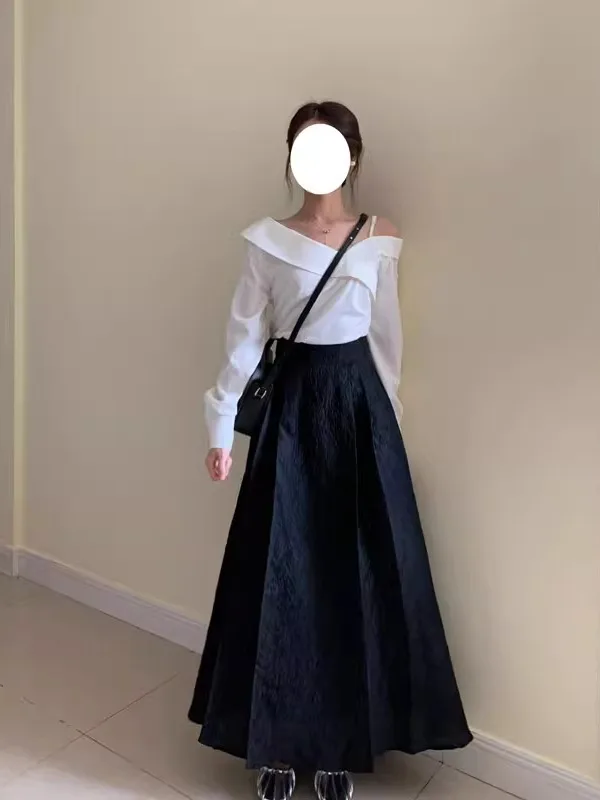 

Chic White Long Sleeve Shirt And Black High Waist Skirt Two Piece Set for Women Autumn Fashion Outfit Slimming Effect
