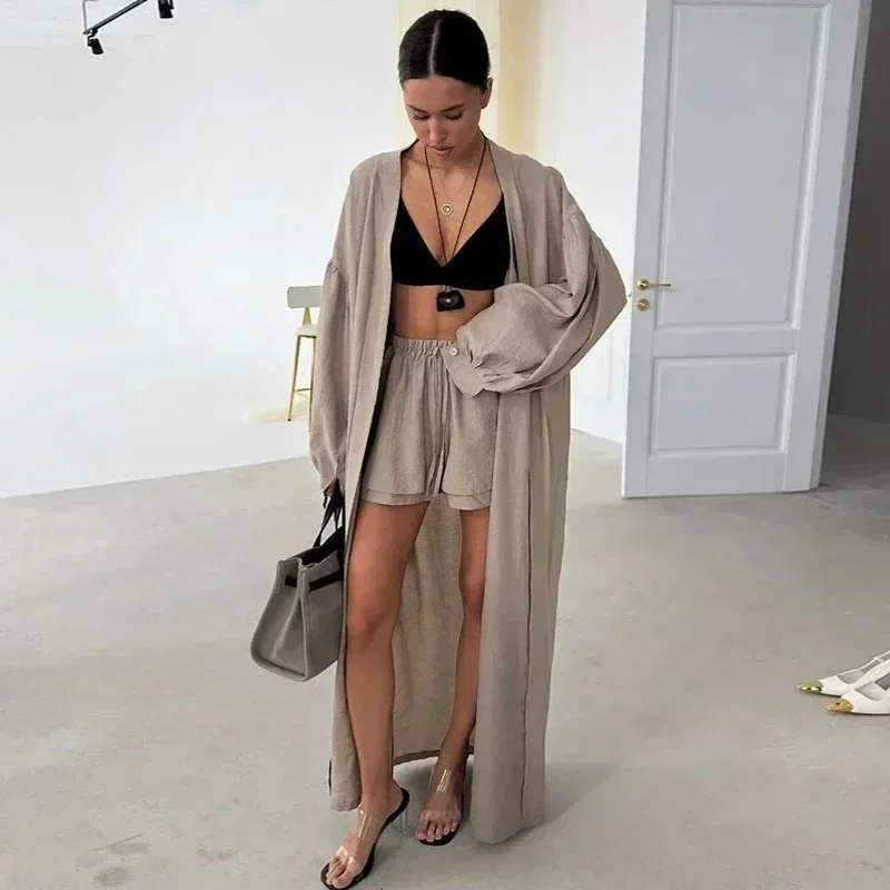 موضة سترة طويلة مجموعة تي شيرتات قصيرة للأطفال النساء بالون الأكمام الدانتيل يصل سراويل قصيرة الصلبة مجموعات 2025 الصيف سيدة أنيقة 2 قطعة الدعاوى