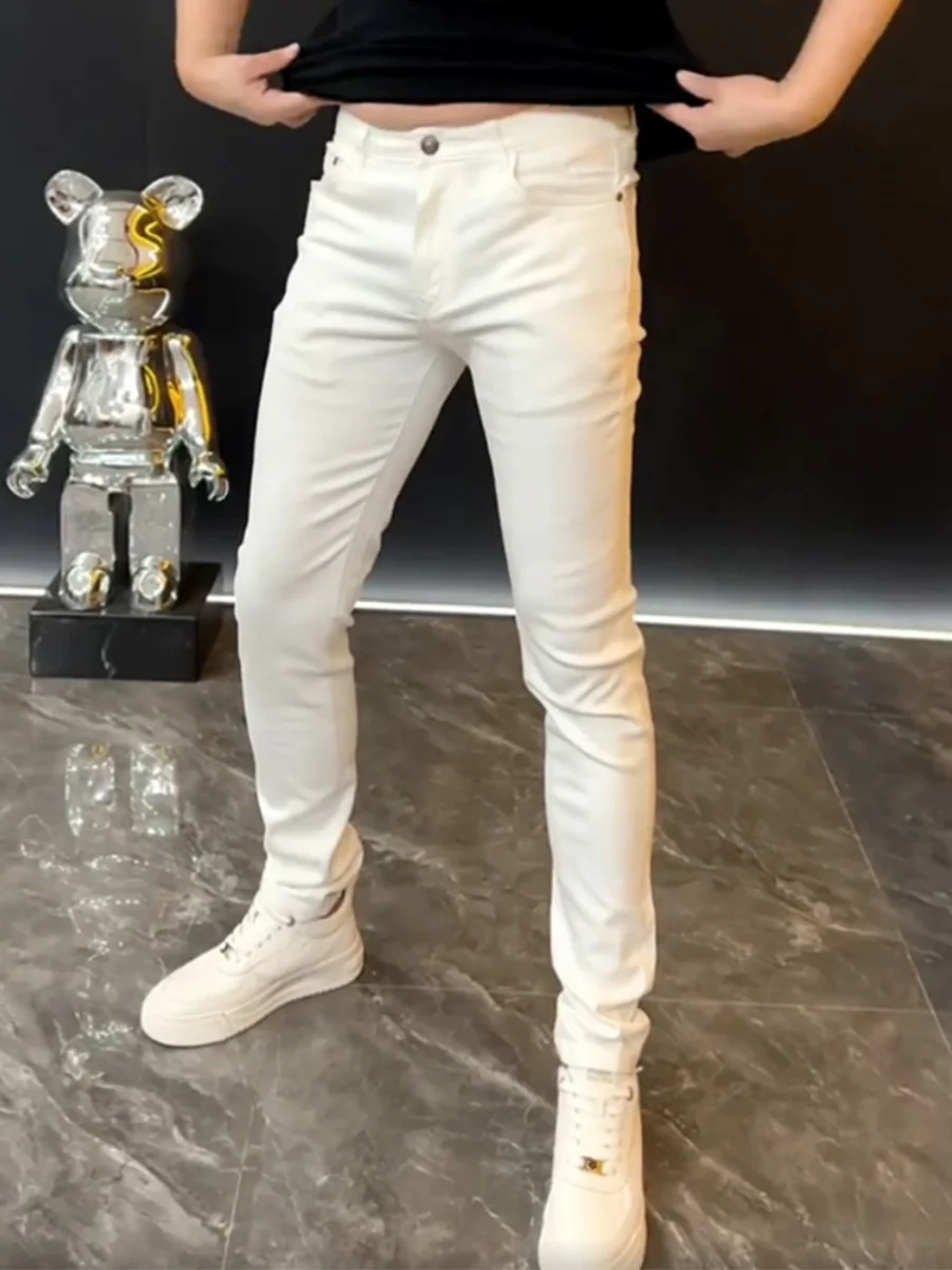 

Белые мужские джинсы Slim Fit, однотонные, универсальные повседневные брюки, европейский модный бренд, весна-лето, новинка, хлопок, стрейч