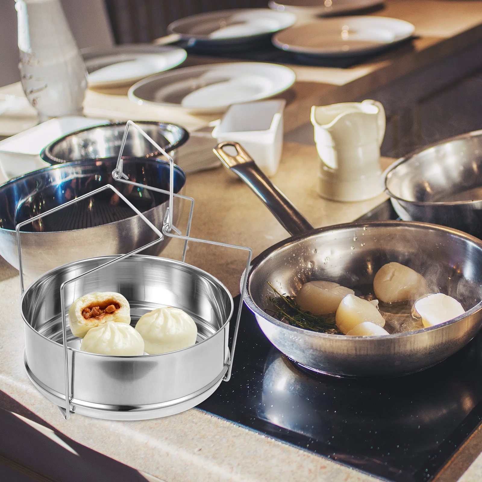 

2-Tier Stainless Steel Steamer Insert Pans Stackable Pot Steaming Accessory Portable Handle Eco-Friendly Safe for Steamed Food