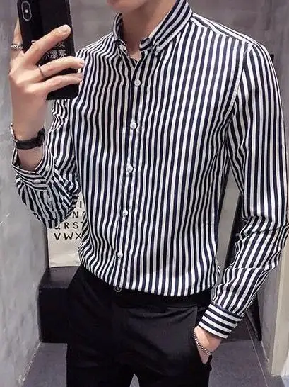 

Slim Fit Men's Long Sleeve Shirt Thin Summer New Youth Striped PU Leather Thickened Deformation Resistant Four Seasons Universal