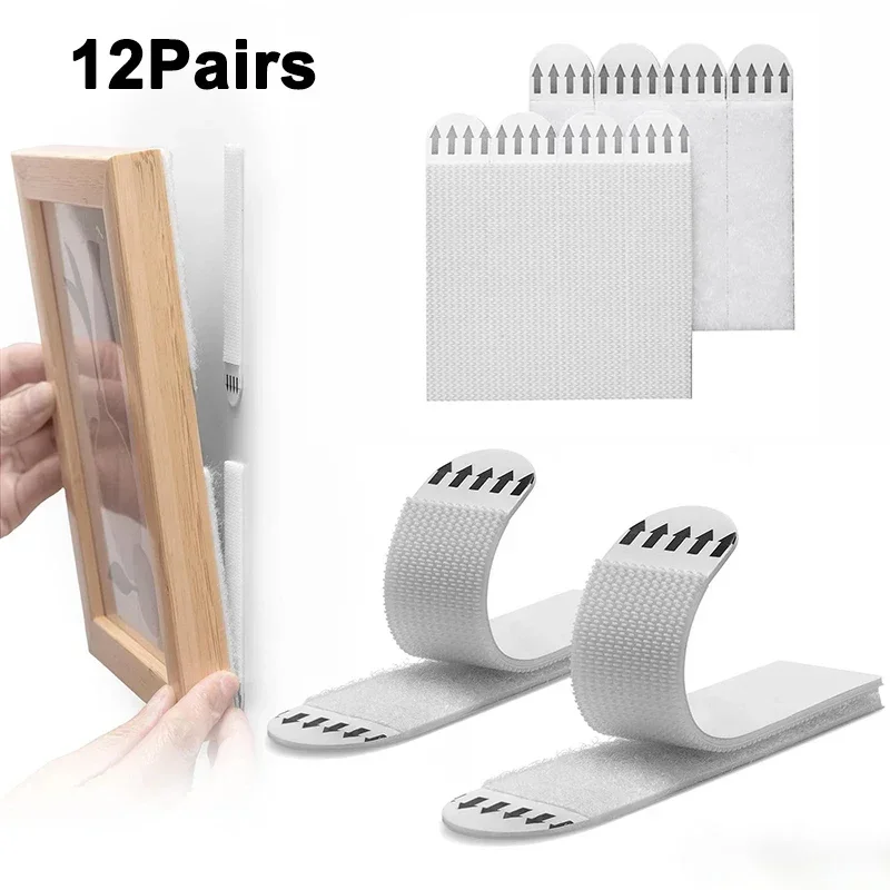 12 Pairs Damage-free Double Sided Adhesive Strips Tool-free Picture Hanging Strips Removable Hook Loop Tape for Photos Wall Art