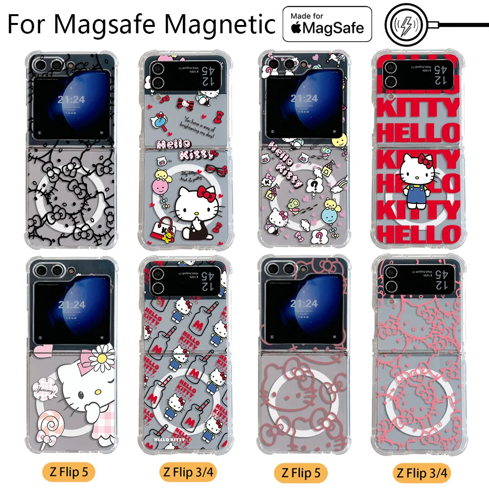 Магнитный чехол для телефона с рисунком Hello Kitty Magsafe для Samsung Galaxy Z Flip 3 4 Z Flip 5 6 Z 5G, мягкая прозрачная задняя крышка Магнитный чехол для телефона с рисунком Hello Kitty Magsafe для Samsung Galaxy Z Flip 3 4 Z Flip 5 6 Z 5G, мягкая прозрачная задняя крышка