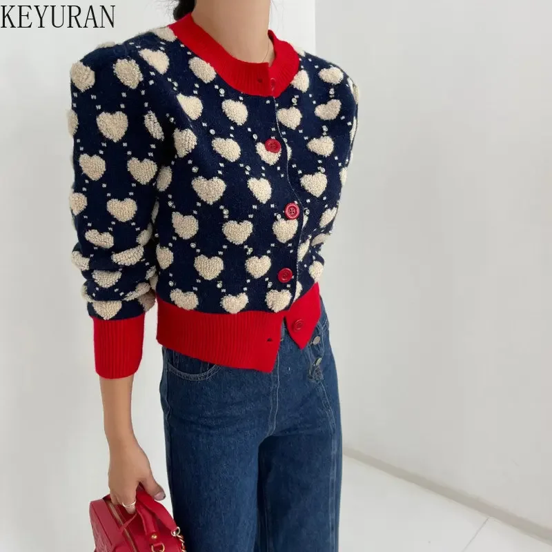 Color Contrast Love Jacquard Knitted Cardigan Women New 2024 Autumn Winter Korean Sweet Slim Puff Sleeve Single Breasted Sweater