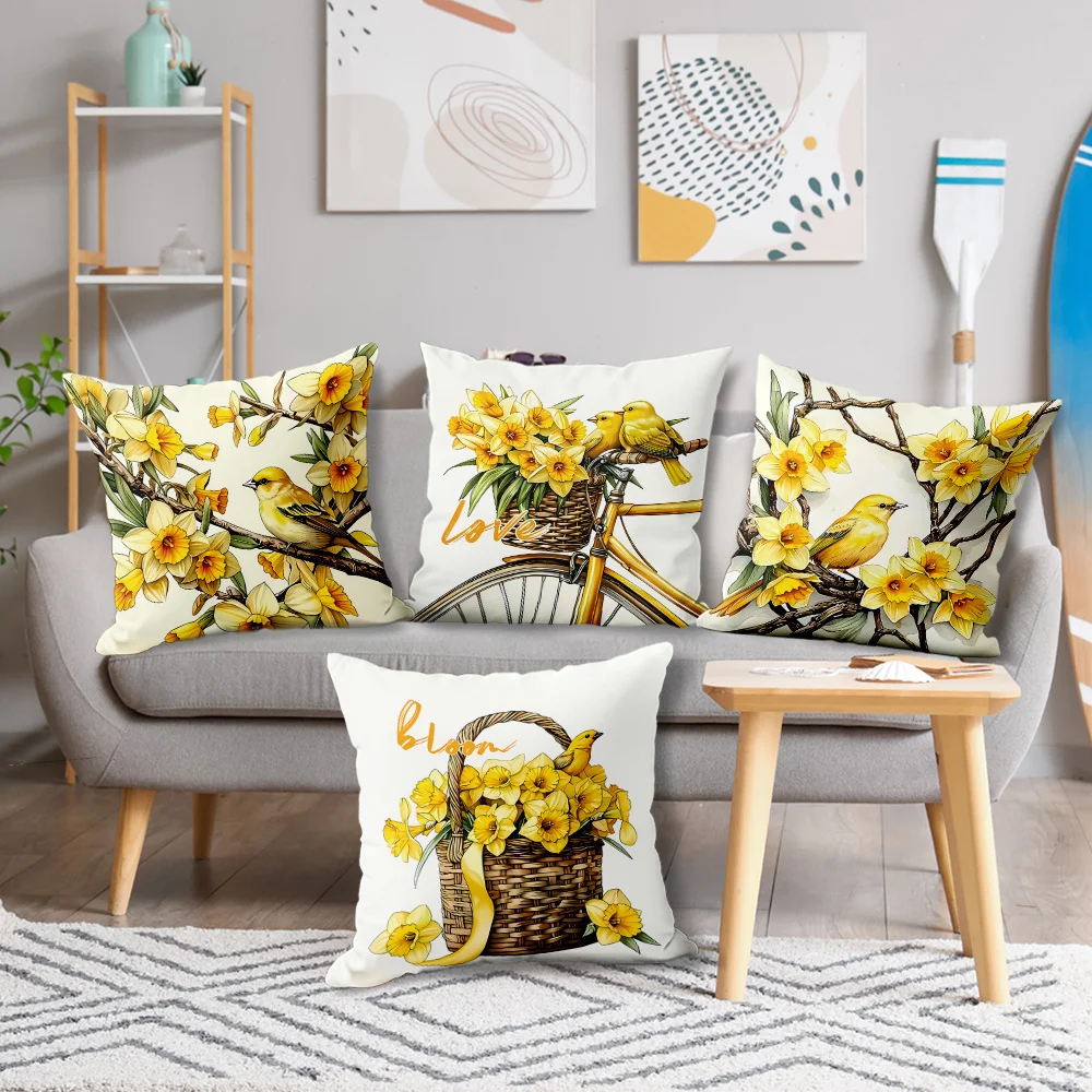 4pcs Daffodils and Birds Design Pillowcases, Blooming with Vitality - Featuring Flowers in a Basket,   Insert Not Included