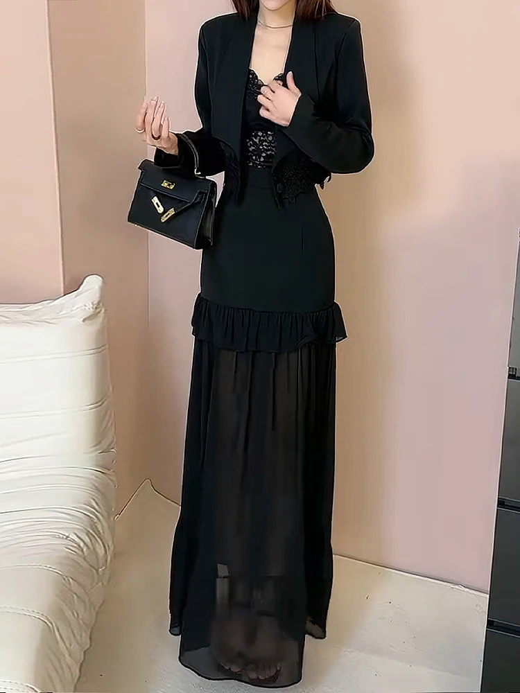 Ele ort Pak Jaet En Me Rokset Dames Lente Herfst Hoge Taille A-lijn Dr Tweedelige Set Kraag Rits C...