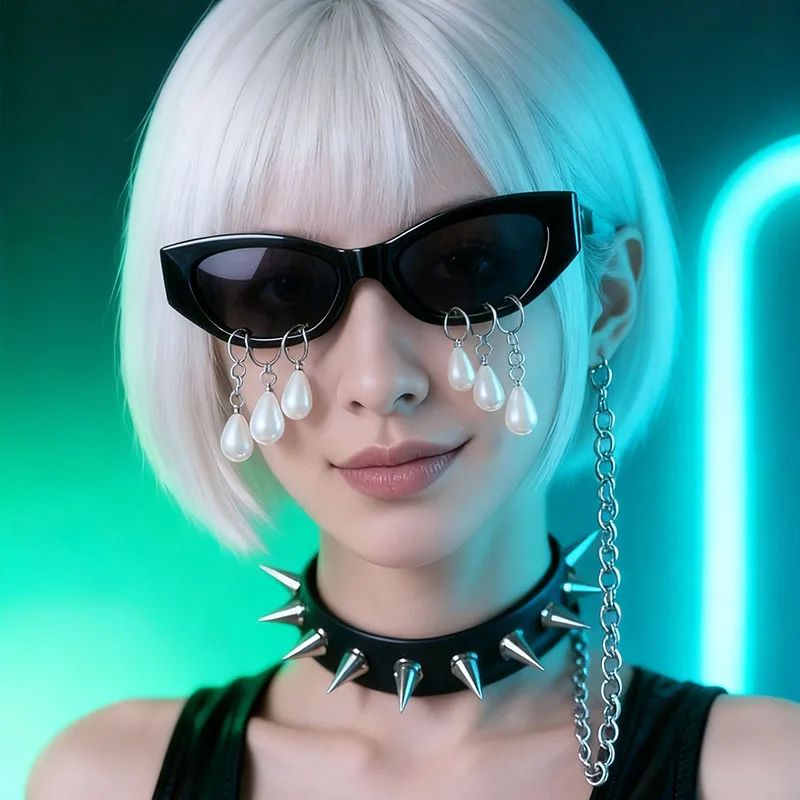 

New Trendy Punk Elegant Women Sunglasses With Pearl Personalized Small Face Cat Eyes Fashion Men Women Pearl Sun Shade Eyewears