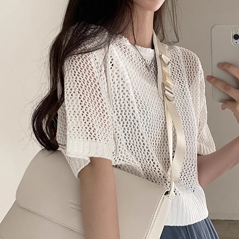 

Liangliang Hollow out Thin Knitted Sun Protection Cover up Women's Summer New Sle Small ence Loose Match ort Top