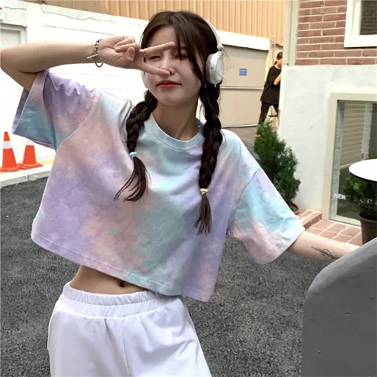 Summer Tie Dyed T-shirt Personality Loose Crop Top Spice Girl Fashion Casual Short Sleeve Female Ins Hot Tees Women 2024