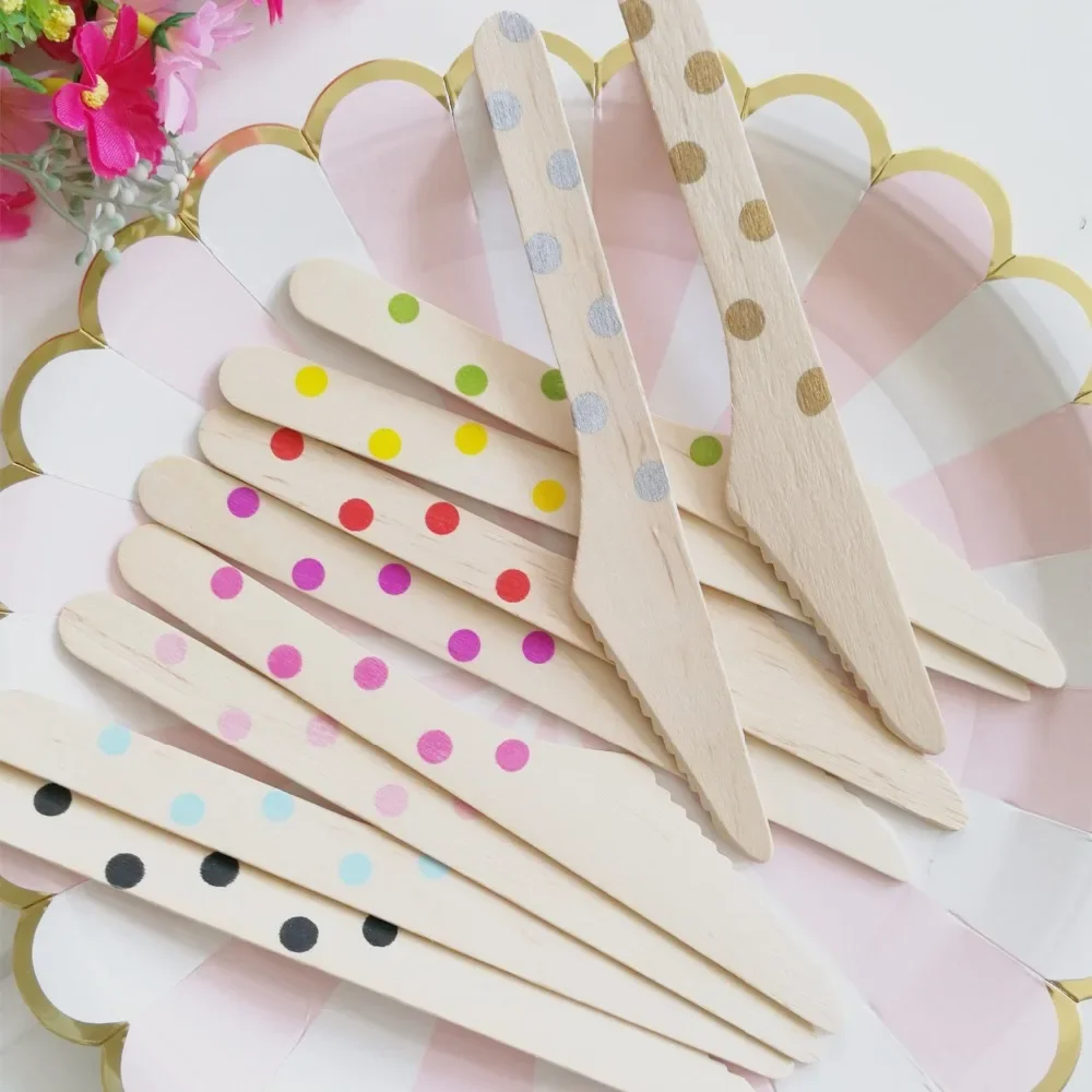24Pcs Disposable Tableware Sets Dot Pink Blue Black Knives Forks Spoons Set Wood Baby Shower Baptism Birthday Party Supplies11CM