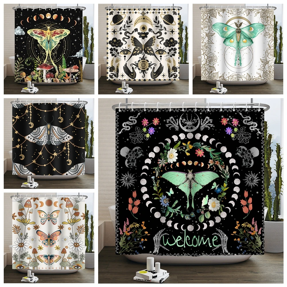 Moth Shower Curtain Moon Phase Butterfly Mushroom Psychedelic Tarot Gothic Shower Curtain for Bathroom Waterproof Bath Curtain