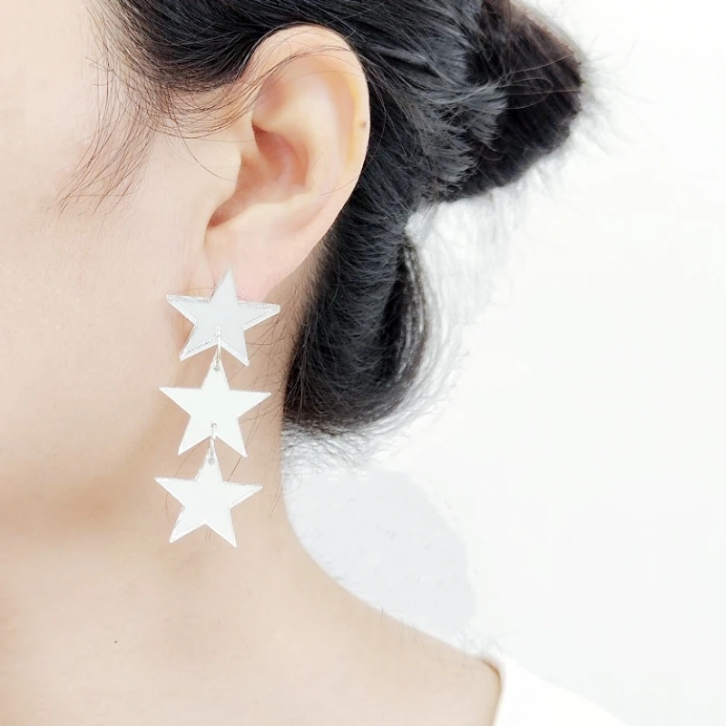 KUGUYS Shiny 3 Stars Earrings for Women Mirror Gold Silver Color Acrylic Jewelry Trendy Fashion Accessories