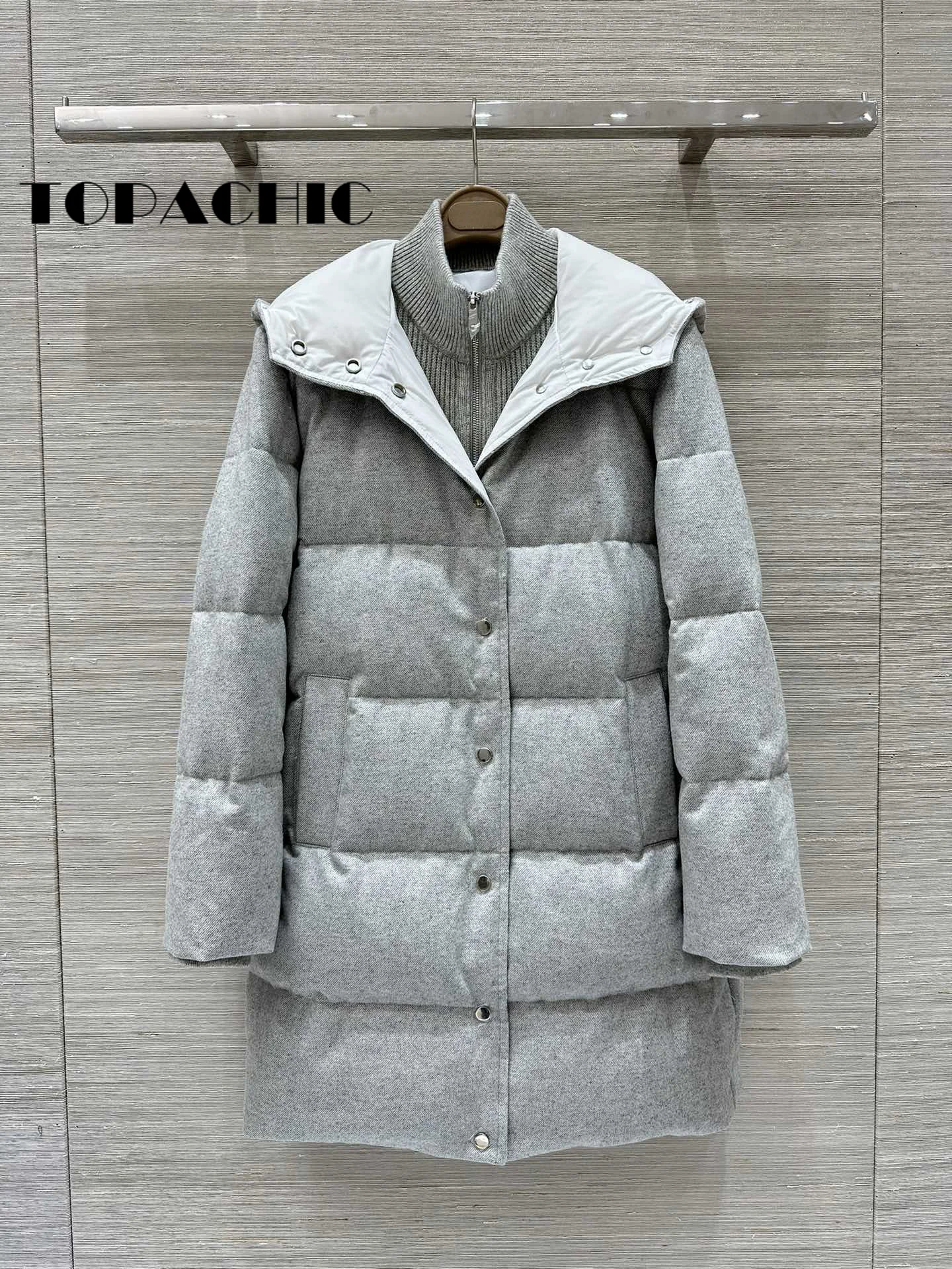 9.25 TOPACHIC-Women High Quality Knit Collar Spliced Goose Down Coat Fake Tow Piece Long Sleeve Hooded Thick Keep Warm Outerwear