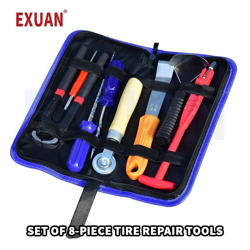 8-Pieces Automobile Tire Repairing Tool Set Valve Core Wrench Pressure Wheel Scraper Spatula Glue Probe Cone Set Type Repair Kit