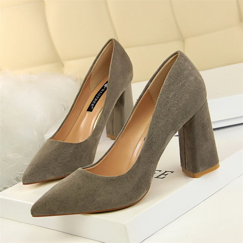 Summer Women Shallow Mouth Pointed Toe Pumps Elegant Sweet Wedding Block Square Middle Heels Flock Suede Single Shoes