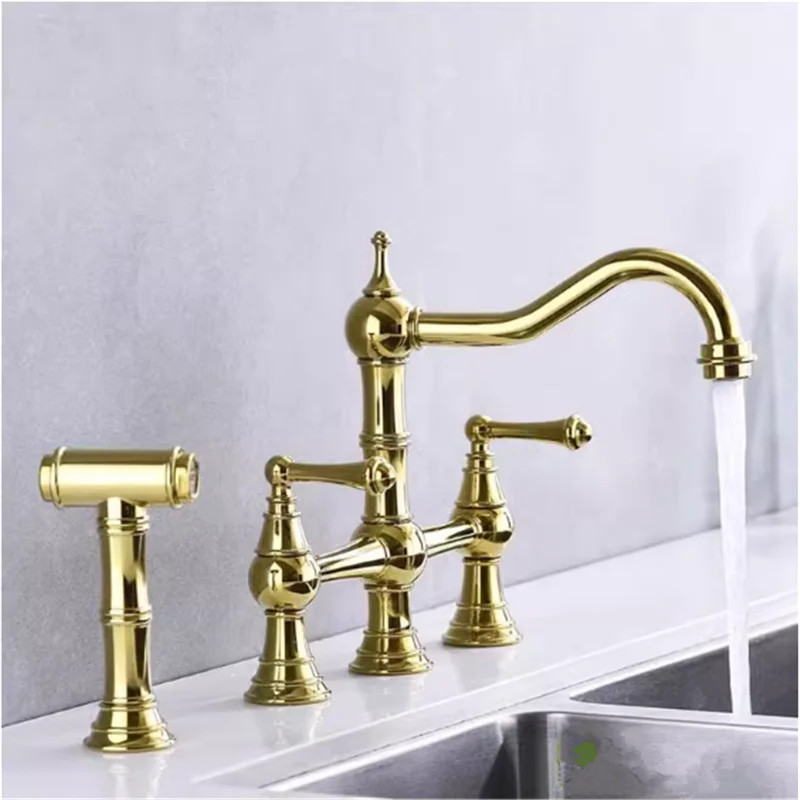 

Filler Tap Deck Mounted Brushed Gold Hot Cold Black Sink Tap Spout Brass Tuqiu Gold Kitchen Faucet with Hand shower Head Pot
