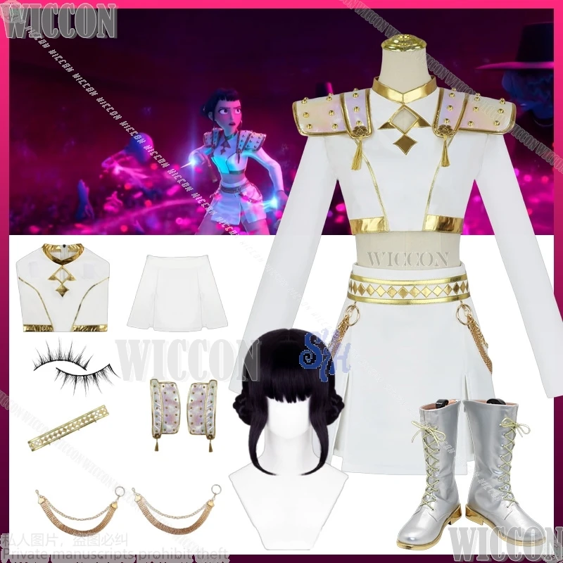 

Zoey 코스프레 Korea Idol Huntrix GOLDEN Stage Uniform Kpop Demon Cosplay White Sexy Mini Dress Shoes Wig Halloween Carnival Outfit