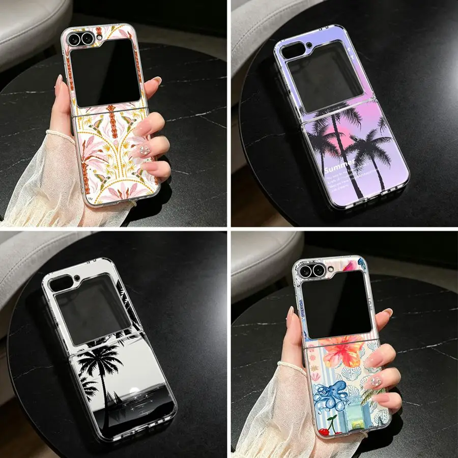 Phone Shell Case for Samsung Galaxy Z Flip 8 ZFlip7 FE Z Flip4 Z Flip6 Z Flip5 Z Flip 7 6 5 4 ZFlip8 Pink Tropical Palm