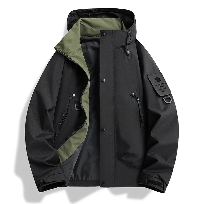 

2026Spring Autumn Hooded Windbreaker Jacket Men Red Black Khaki Multi-Pockets Outerwear Zipper Coat Man Plus Size Casual Jackets