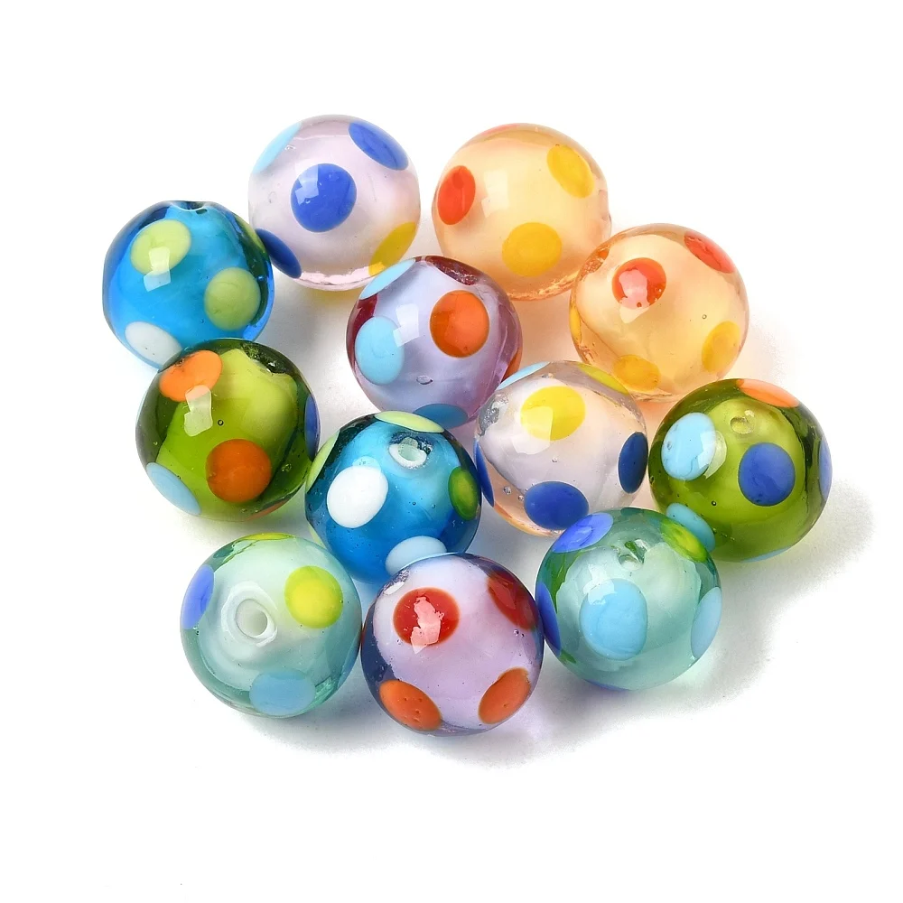 50pcs Handmade Lampwork Glass Round Beads Multicolor Polka Dot 15mm Spacer Beads for DIY Bracelet Necklace Jewelry Craft Making
