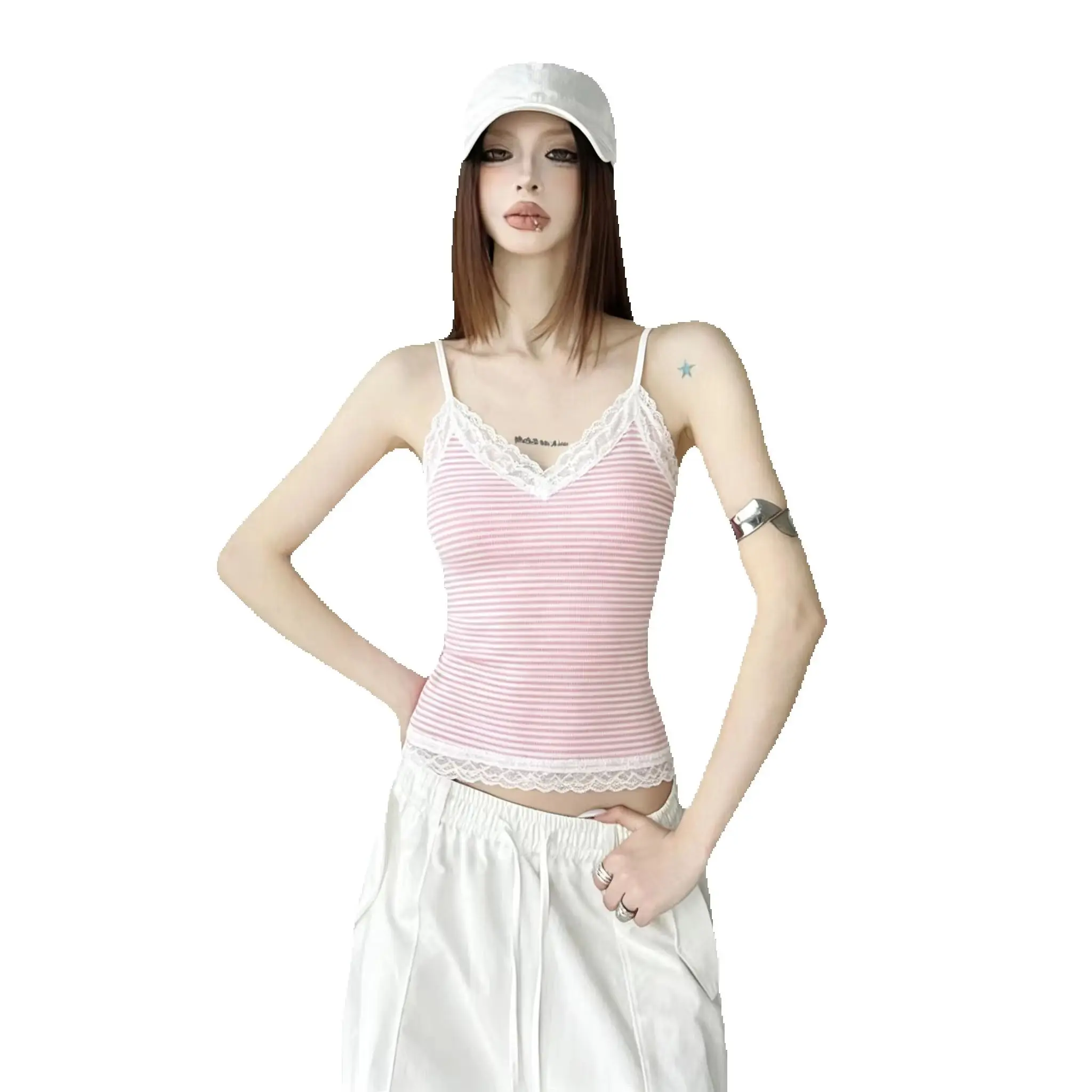 Light Pink Vertical Ribbed Sleeveless Camisole for Women Double Lace Trim V‑Neck Slim Fitted Y2K Coquette Cute Daily  Tank Tops
