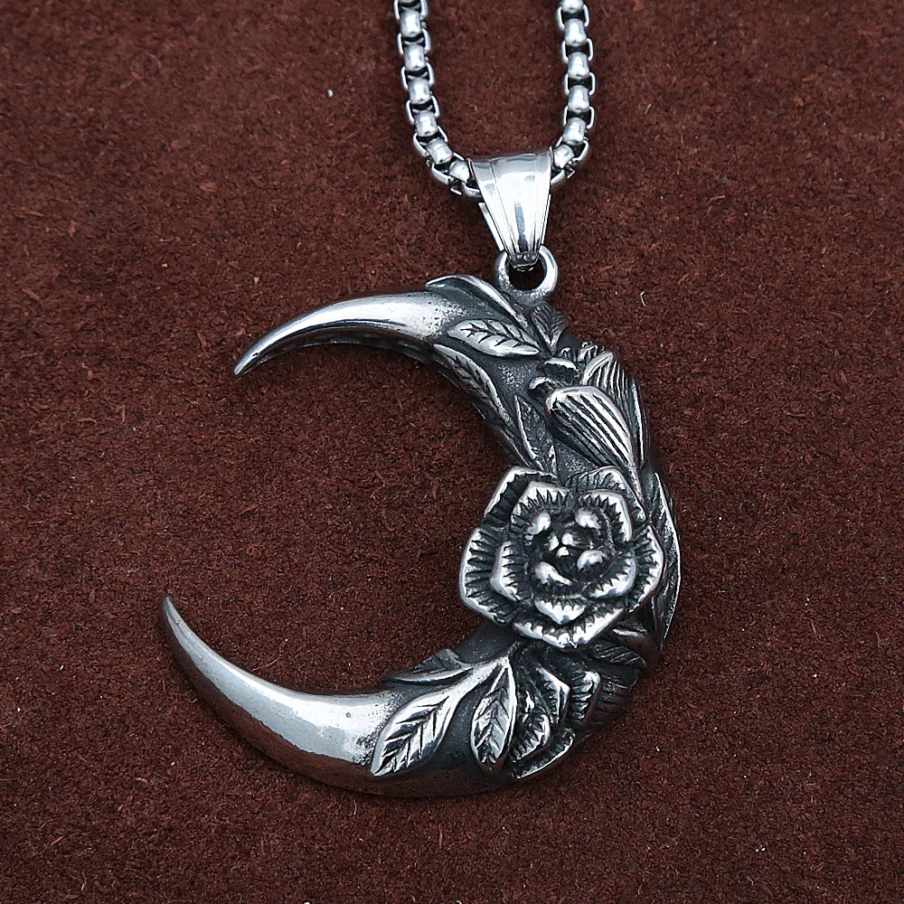 Moda kreatywność wisiorek w kształcie róży dla mężczyzn kobiet Retro stal nierdzewna księżyc naszyjnik dla par biżuteria podkreślająca osobowość