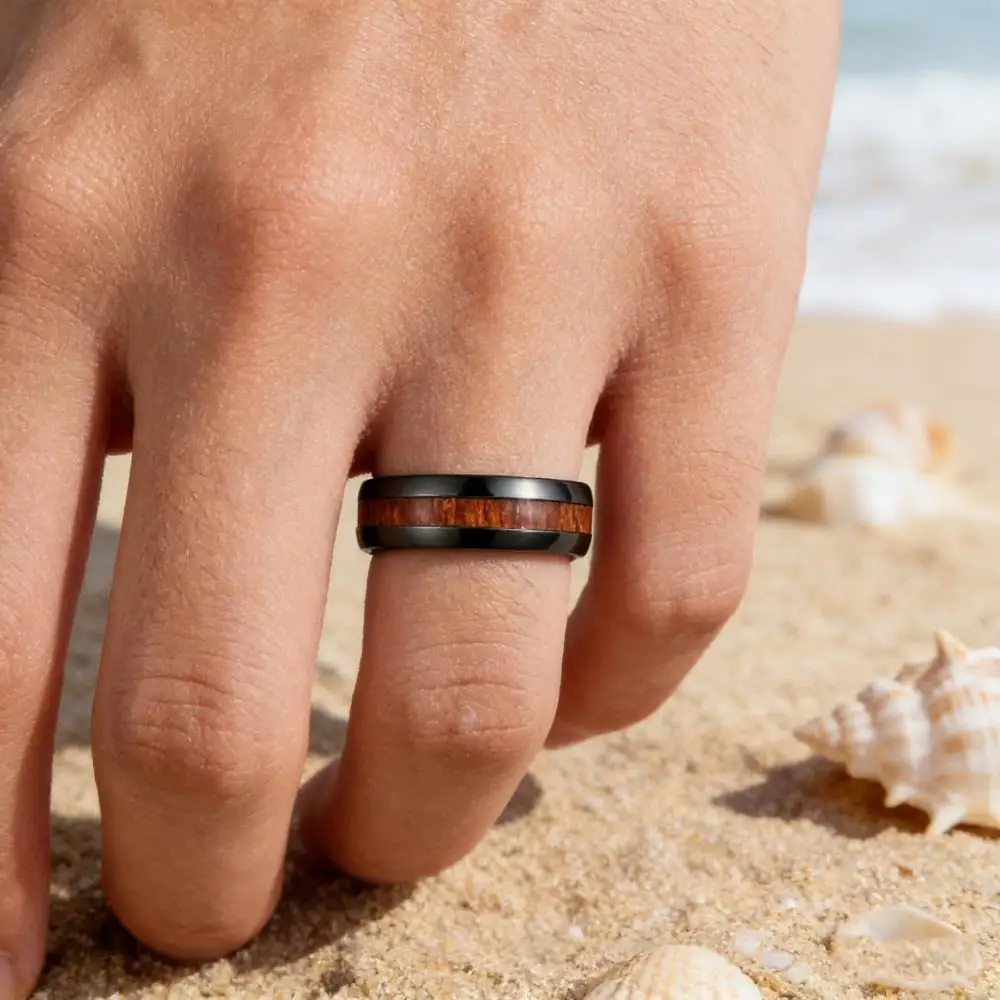 Vintage Black Color Round Wooden Stainless Steel Rings For Men Hip Hop Male Engagement Wedding Bands Jewelry Boyfriend Gifts