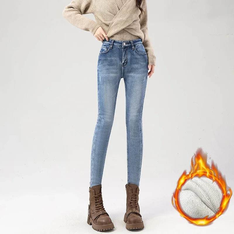 겨울 여성 플리스 청바지 스키니 엘라스틱 슬림 라이트 블루 데님 팬츠 패션 한국 소녀 학생 따뜻한 두꺼운 보온 바지