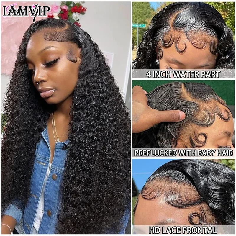 IAMVIP 22 26 Inch Deep Wave Transparent 13x6 13×4 Lace Front Human Hair Wigs 200% Brazilian Water Curly Frontal Wig For Women