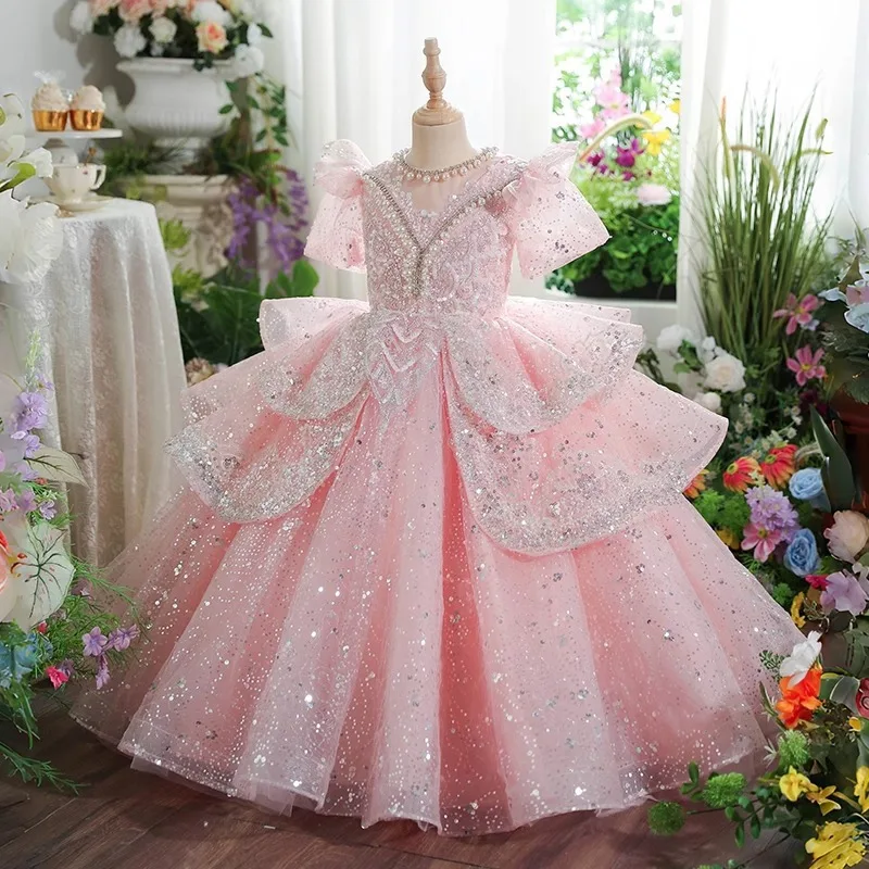 Luxury Pink Girls Princess Dress Elegant Formal Gown Kids Birthday Outfit Flower Girl Dress for Competition Stage Performance