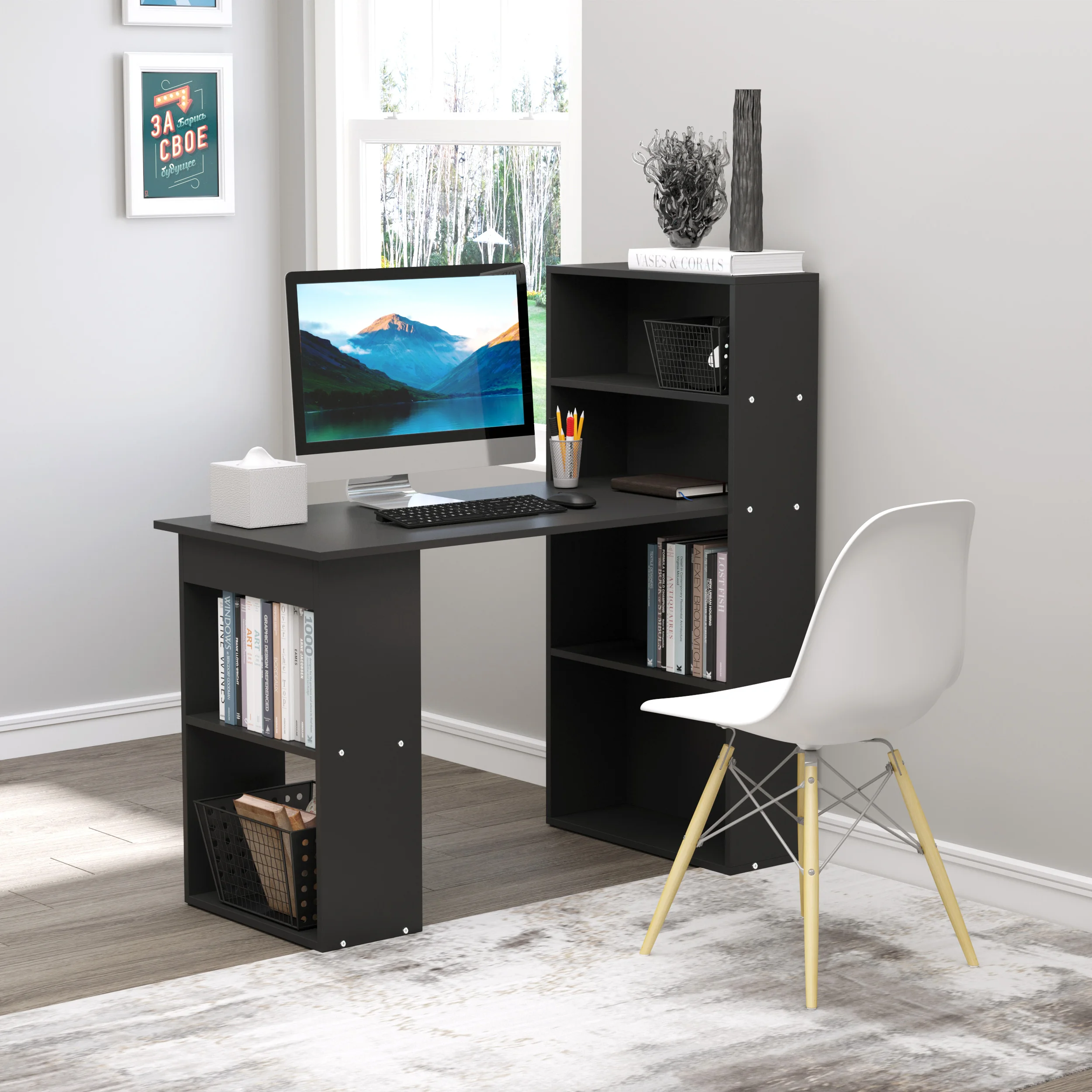 

47" Modern Home Office Desk W/ 6-Tier Shelves, Writing Table W/ Bookshelf Black