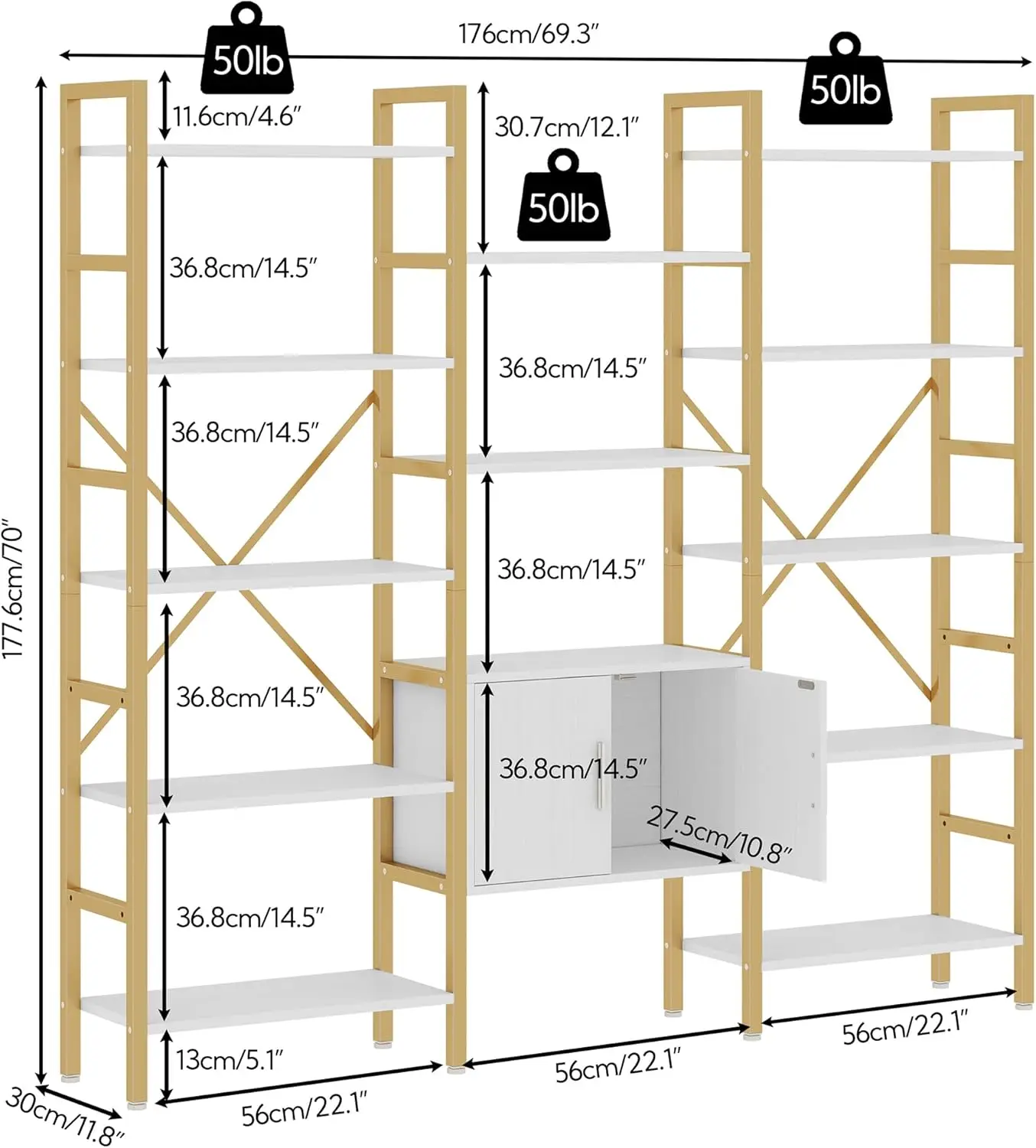 Triple Wide 5 Tier Bookcases with Storage Cabinet, Industrial Large Modern Tall Bookshelves with 12 Open Displa