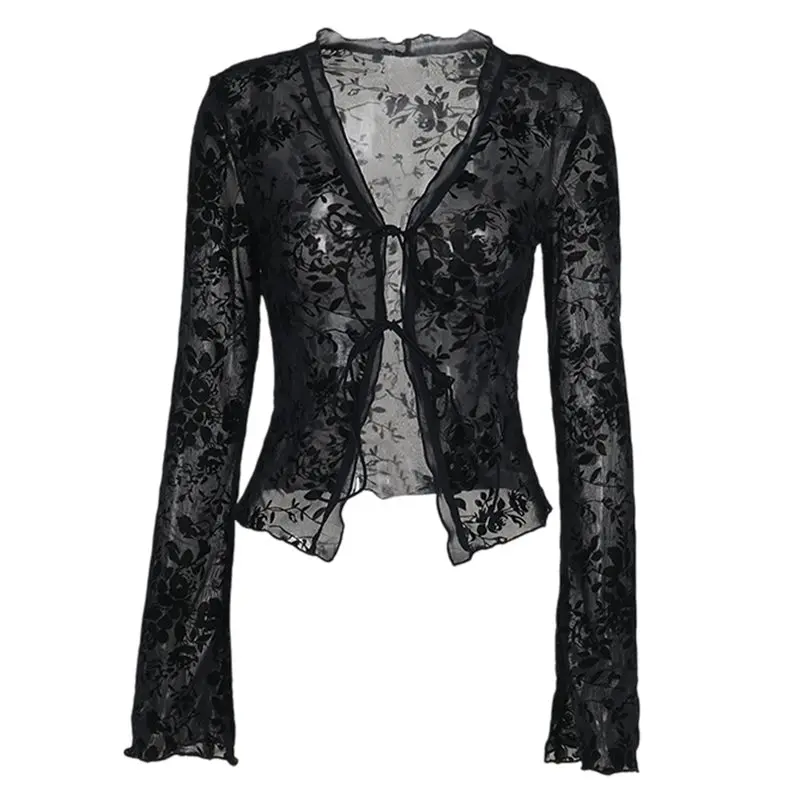 

CYL-Women's Long Sleeve V-Neck Tie Top Autumn Gothic Transparent Mesh Flare Long Sleeve Shirt Black M