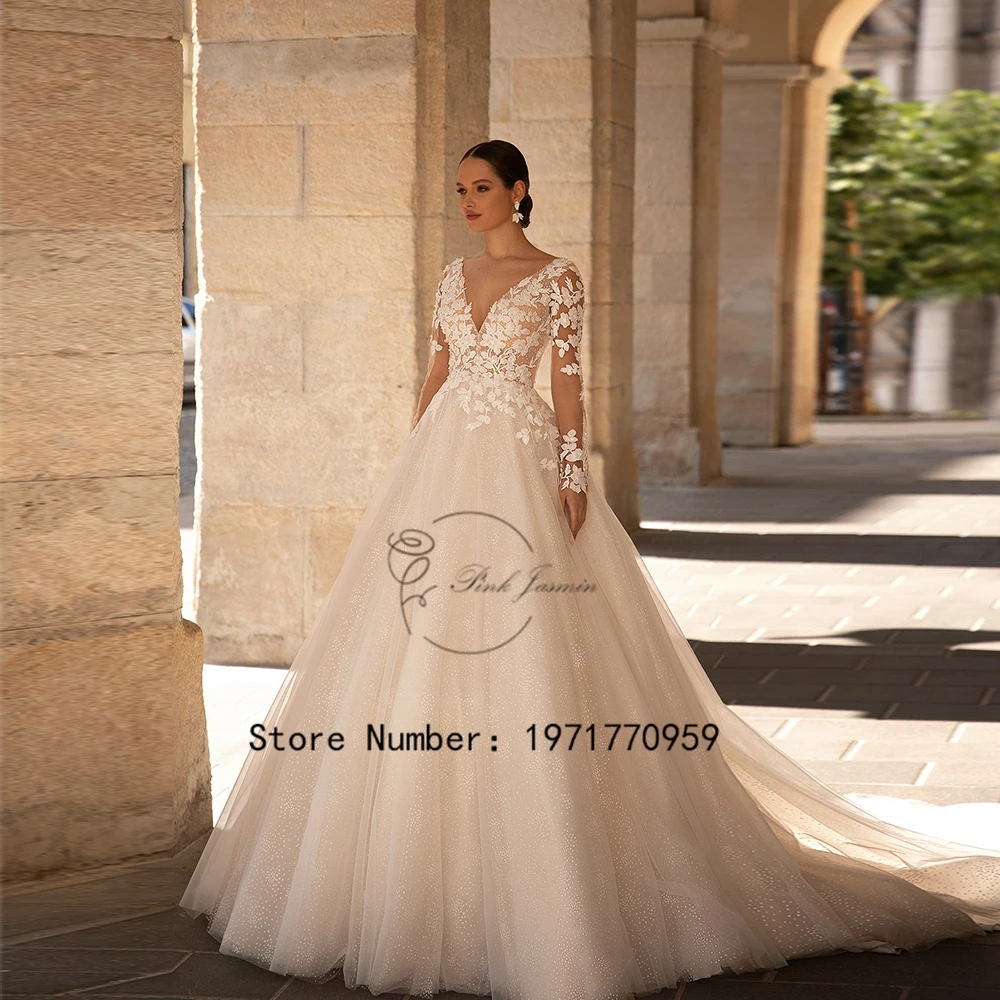 Light Champagne Wedding Dress V Neck Full Sleeves Applique Elegant Sexy Backless Wedding Gown Bride Dresses 2024 New