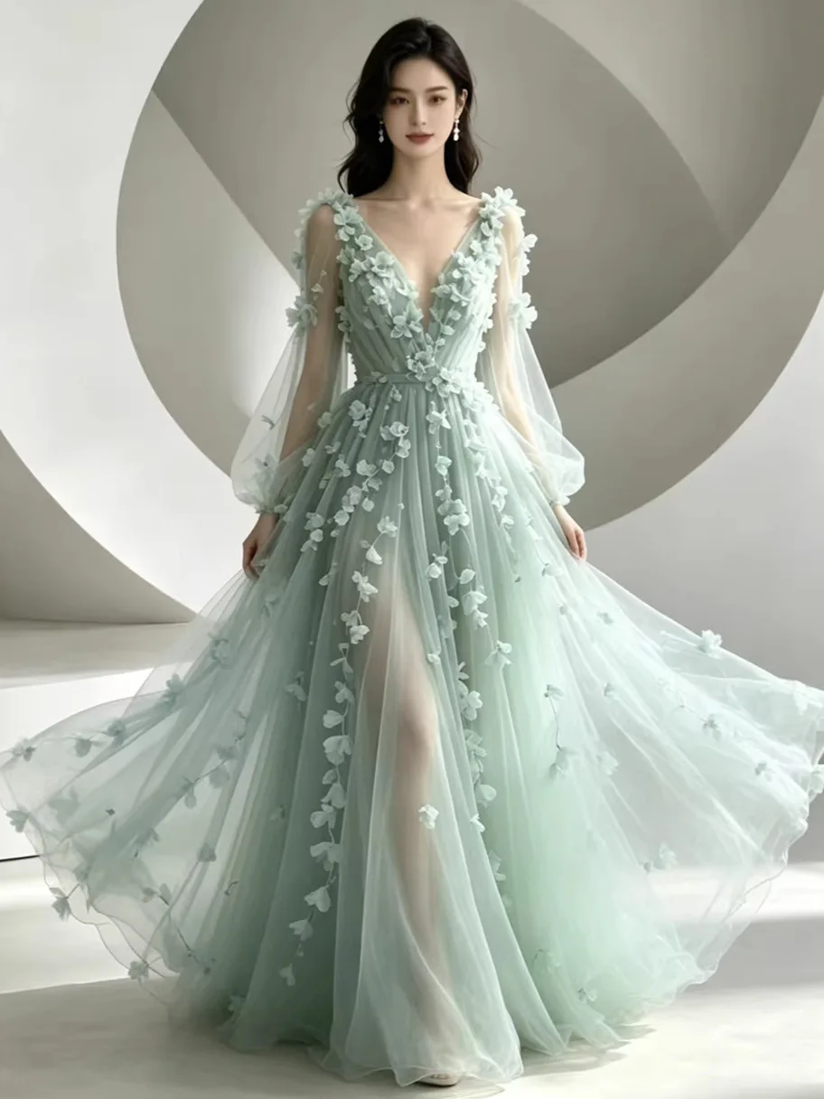 

Sexy Long V-neck Evening Gown 2026 New Style for Vocal Art Exam Performance High Waist Mesh Fabric Slimming Elegant Dress