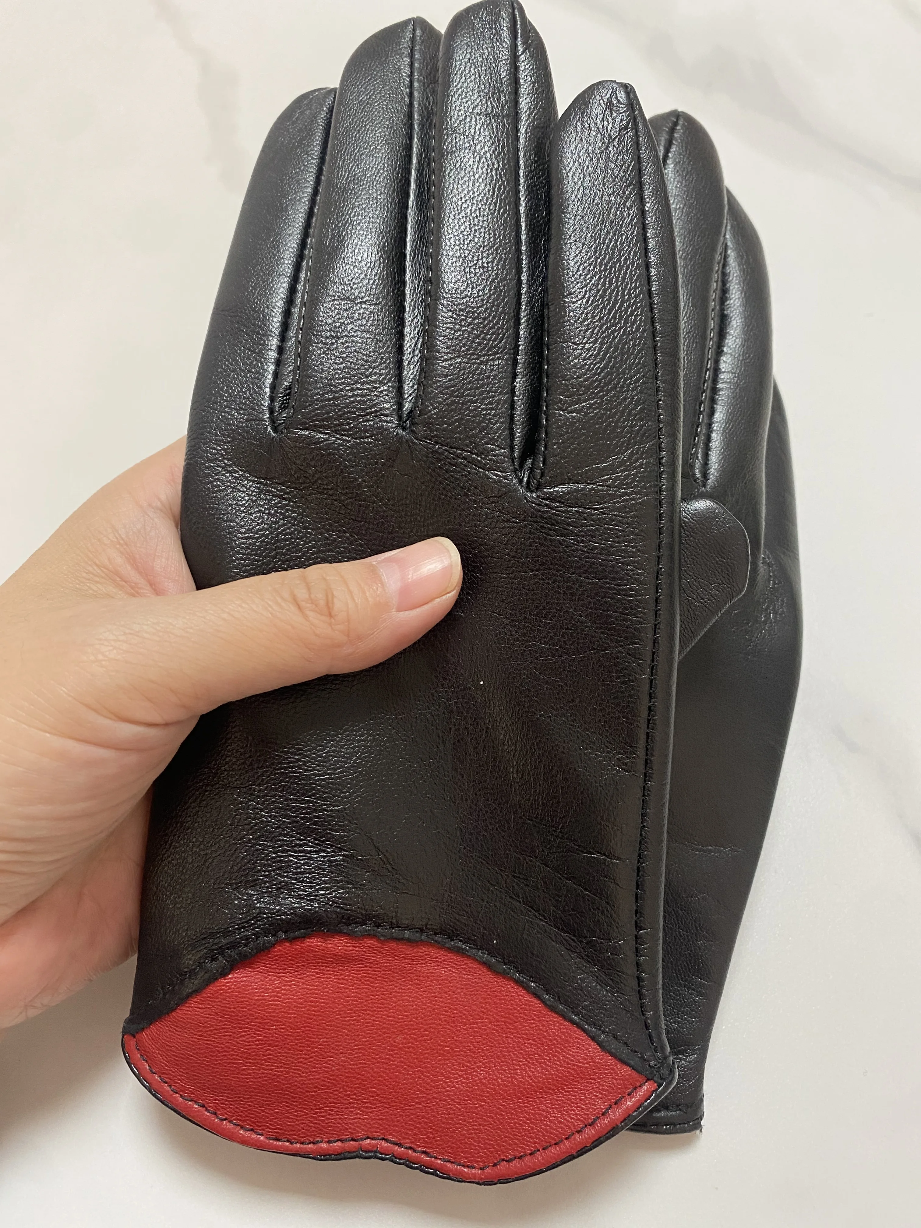 Women\'s Genuine Goat Leather Red Lip Black Gloves Female Natural Leather Touch Screen Motorcycle Driving Glove R799