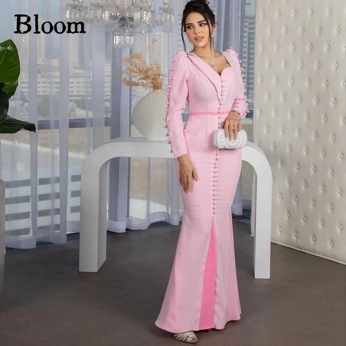 

Bloom Long Sleeves Pearls Buttons Pink Prom Dresses Mermaid Elegant Women Evening Dresses 2024 Formal Dress Wedding Party Gown