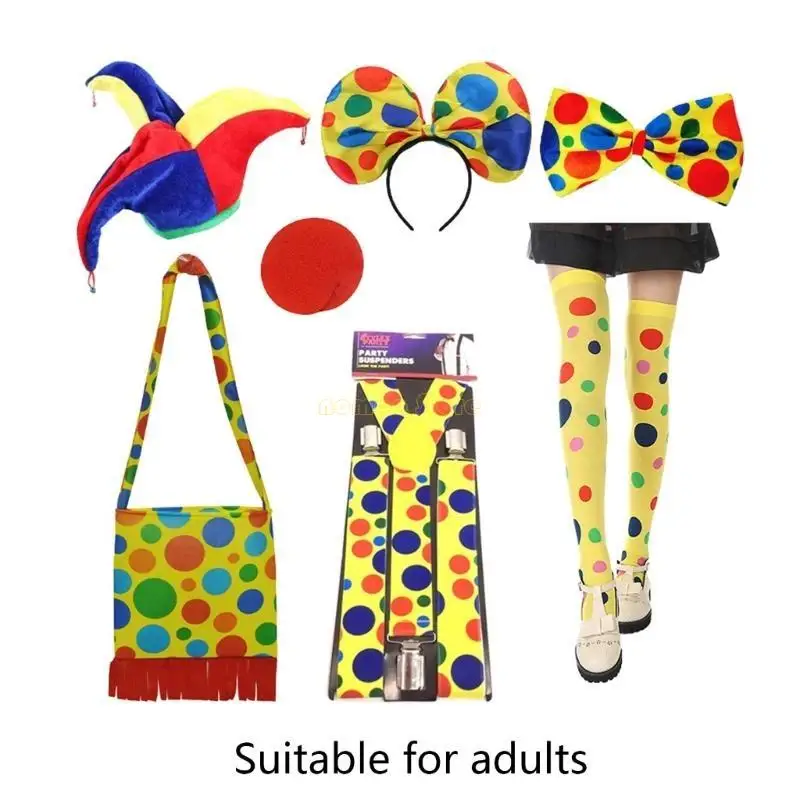 31BF Adultes Costume clown avec gants à col chapeau Gants bousculades Gants gilettes Sous-suspendants Red Nez
