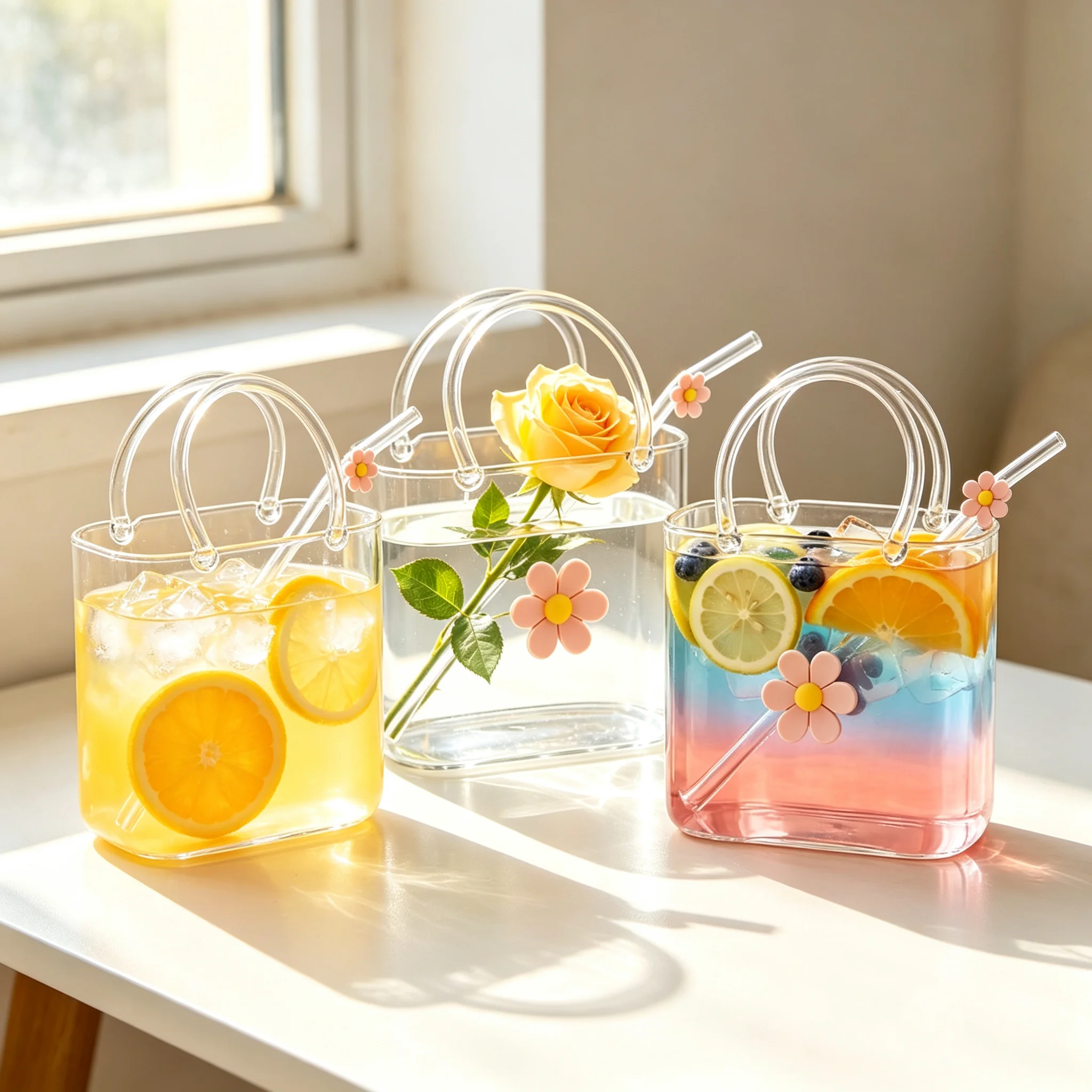 4/1Pc Tote Drinking Glass with Straw Creative Water Cup Table 26oz Kettle for Juice Cocktail as Hydroponic Containers Glass Vase