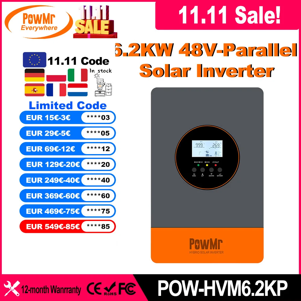 PowMr EU 6.2KW Hybrid Solar Inverter Parallel UP To 9 Unit 48V to 230VAC/380VAC Output PV 500VDC With MPPT 120A Solar Controller