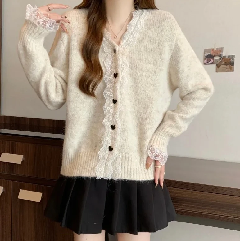 

Ленивый стиль, свободный однобортный вязаный свитер с длинными рукавами, женский кардиган с французским кружевом и v-образным вырезом в стиле пэчворк