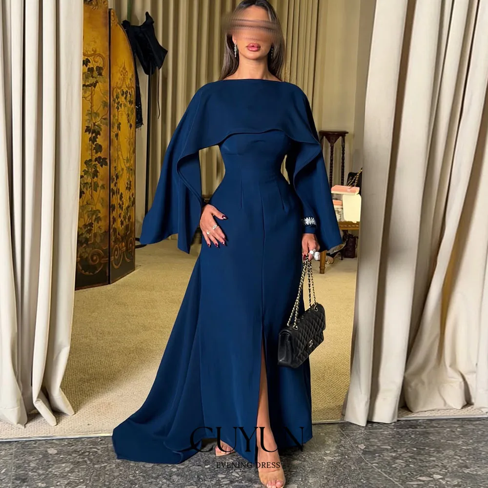 

CUYUN Navy Blue Modest Saudi Evening Gown with Shawl Customized High Slit Long Sleeves Long Prom Party Dresses Formal Event Gown