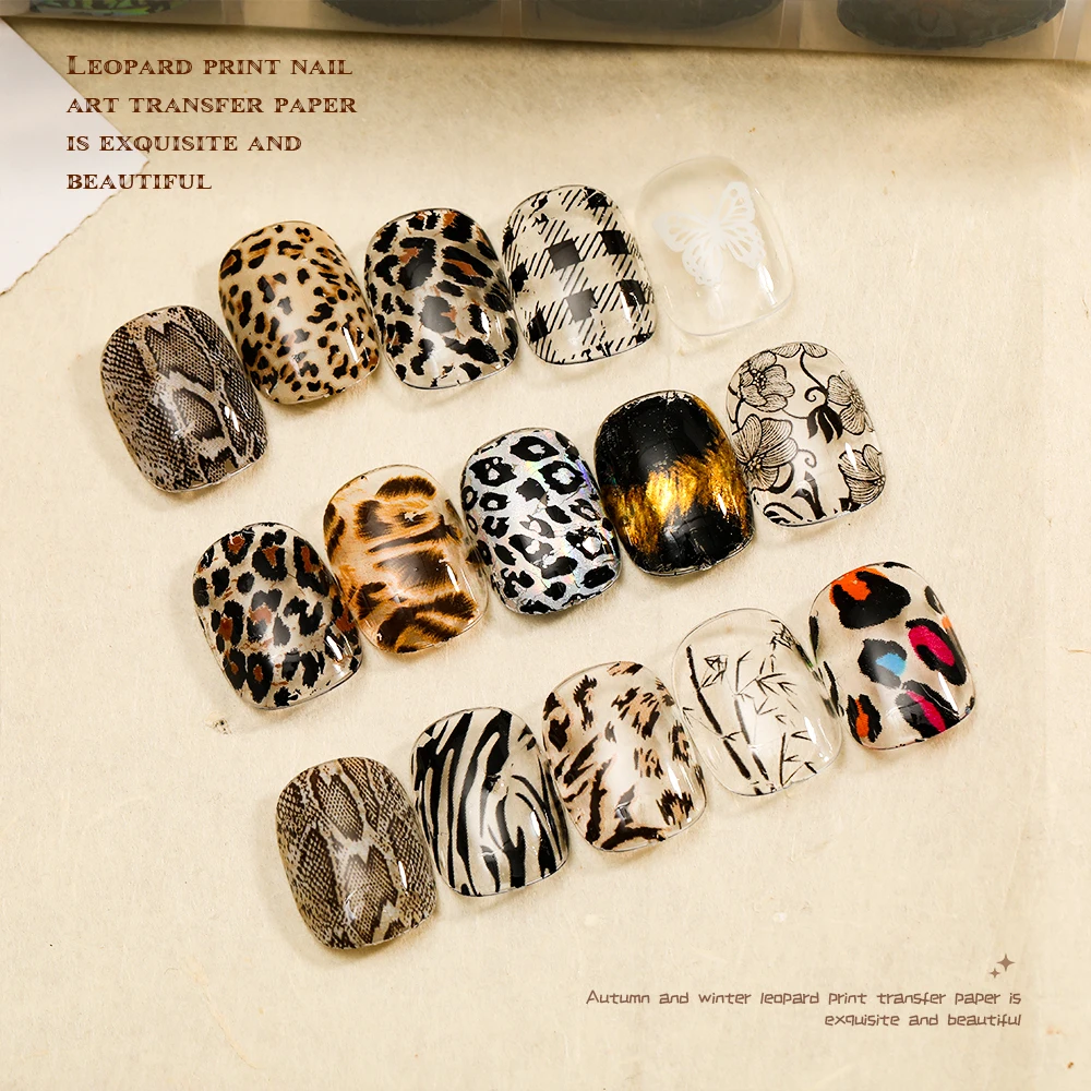 10 Rollen wasserlösliches Transferpapier mit Leopardenmuster, Nageltransferfolie, Tierdruckaufkleber, professionelles Nail-Art-Design