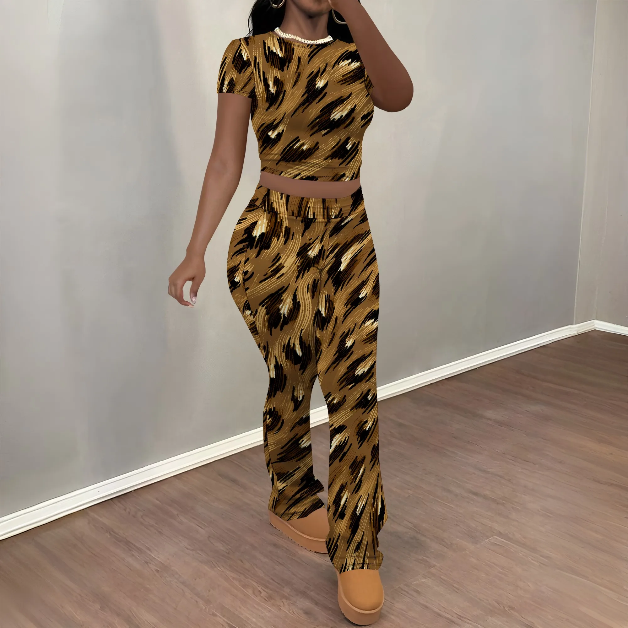

Nupusa Leopard Print Two - Piece Set for Women Standard Size Summer Casual Crew Neck Short Sleeve Outfit