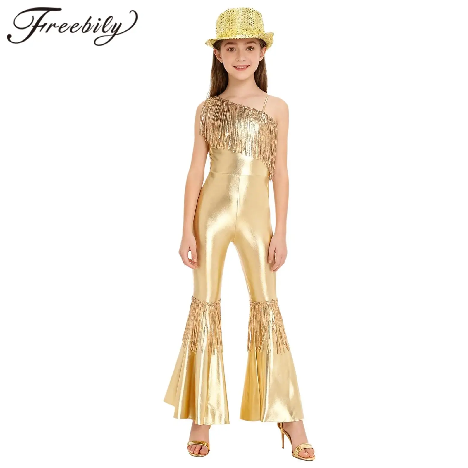 Girl 70S Disco Outfits Kids Metallic Sequins Jazz Dance Dancewear Hippie Costume Children's Hip Hop Party Performance Clothes